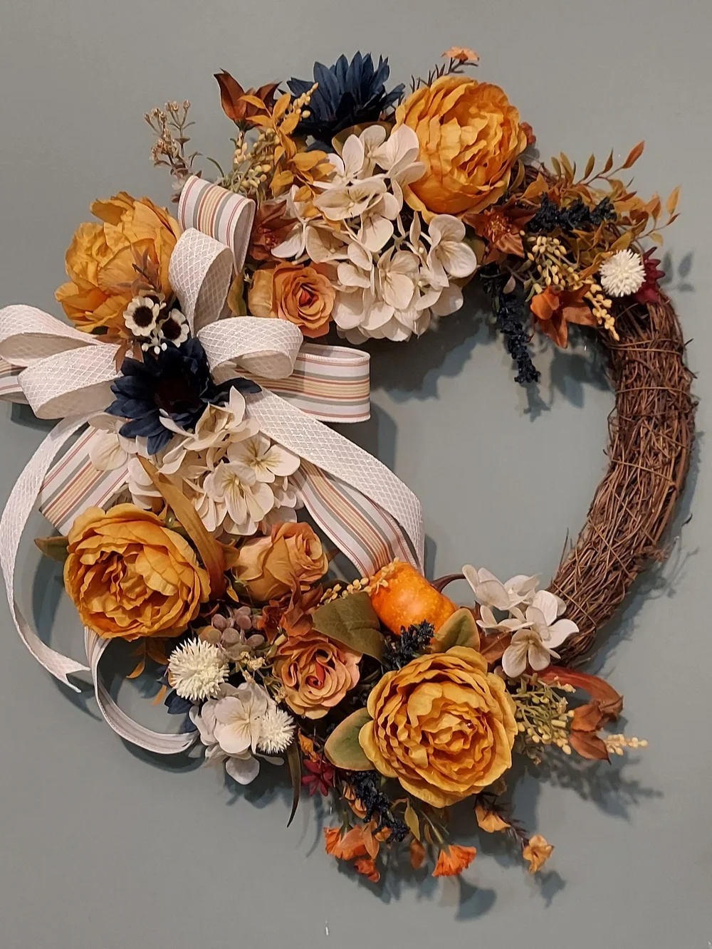 Hand Crafted Orange and Cream Autumn Floral Grapevine Wreath